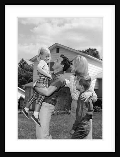 1960s Family Portrait Father Daughter Mother Son In Yard Of Suburban House by Anonymous