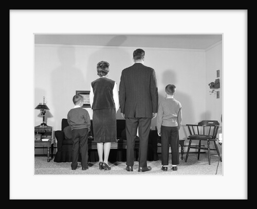 1960s Back View Family Of Four Standing In Living Room Mother Father Two Boys by Anonymous
