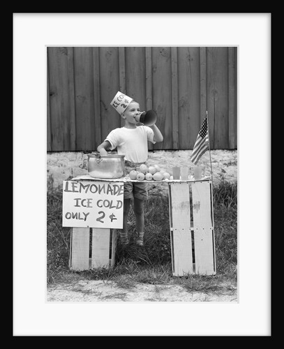 1930s 1940s Boy At Lemonade Stand Shouting Into Megaphone by Anonymous