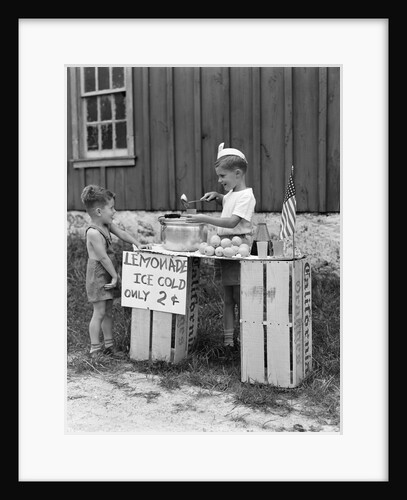 1930s 1940s Boy With Lemonade Stand Selling To Little Boy In Short Pants by Anonymous