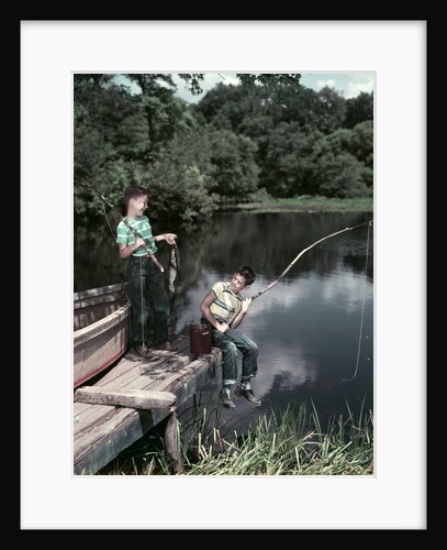 1950s Two Boys Fishing In Lake From Dock Outdoor by Anonymous
