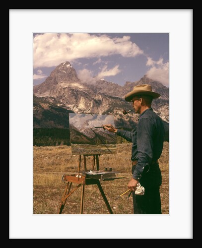 1950s 1960s Man Artist Smoking Pipe Painting Mountain Landscape Grand Tetons Wyoming by Anonymous