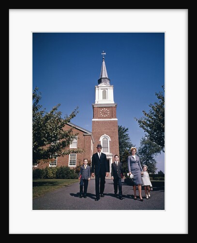 1960s Family Walking From Red Brick Church by Anonymous