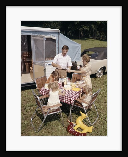 1960s Family Father Mother Three Daughters Eating Meal By Rv Camper by Anonymous