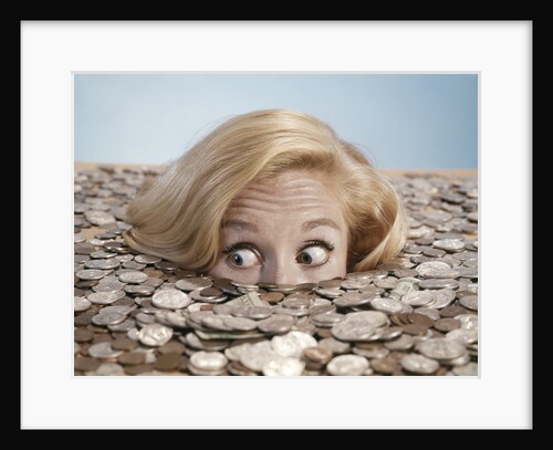1960s Startled Bug-Eyed Young Woman Buried Up To Her Nose In Pile Of Coins And Currency by Anonymous