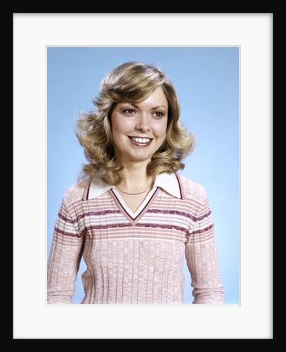 1970s Portrait Curly Woman Wearing Pink Stripe Sweater by Anonymous