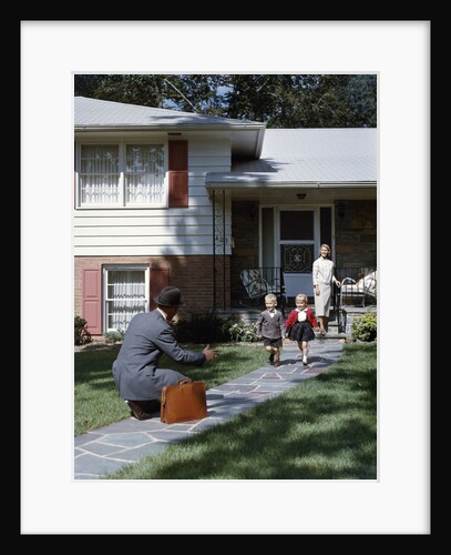 1950s Wife Watching Man Coming Home Arms Extended To Son and Daughter by Anonymous