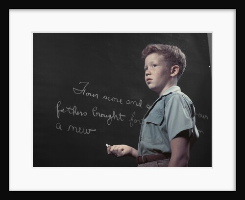 1950s Boy with Freckles At History Class Blackboard Writing Gettysburg Address With Chalk by Anonymous