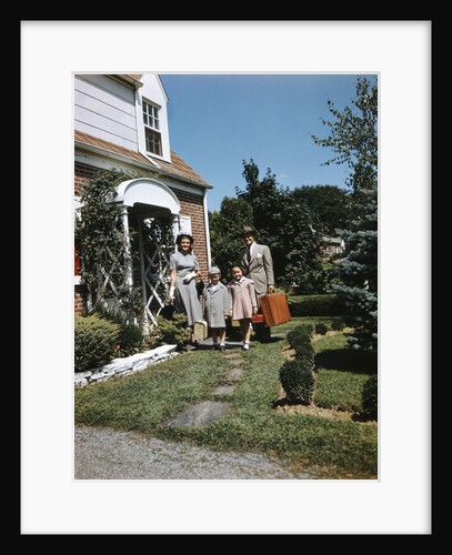 1940s 1950s Family Father Mother Daughter Son Leaving Suburban House Carrying Luggage by Anonymous
