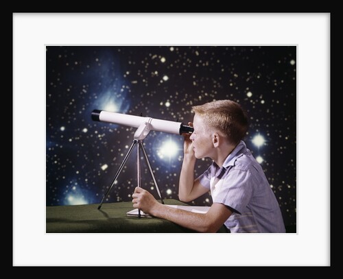 1960s Composite Boy With Telescope On Table Looking At Night Sky With Stars Galaxy Nebula by Anonymous