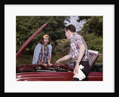 1960s Couple By Car With Hood Up Looking At Motor Outdoor Problem Breakdown by Anonymous