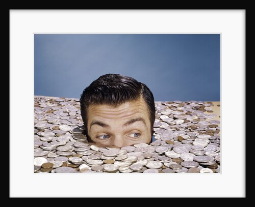1960s Top Of Head And Eyes Of Man Looking Out From Pile Of Coins Studio Symbolic Currency by Anonymous