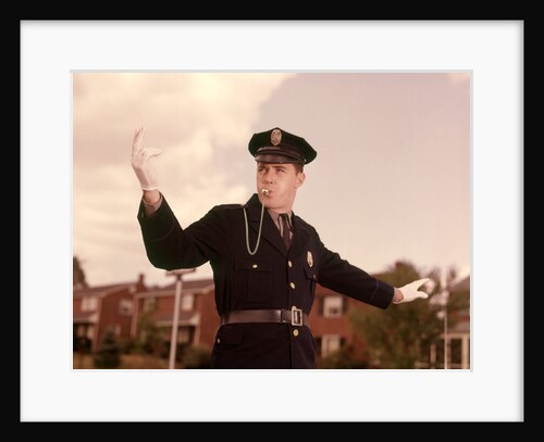 1960s Man Policeman Blowing Whistle Directing Traffic by Anonymous