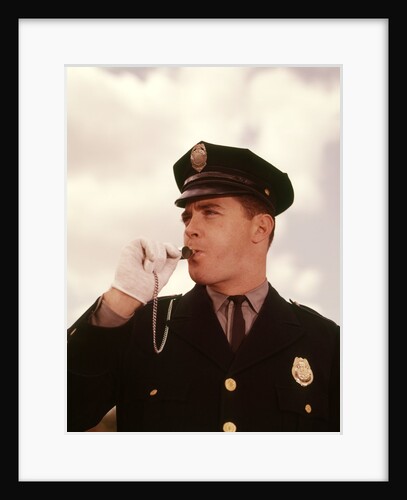 1960s Portrait Man Policeman Traffic Cop Blowing Whistle by Anonymous