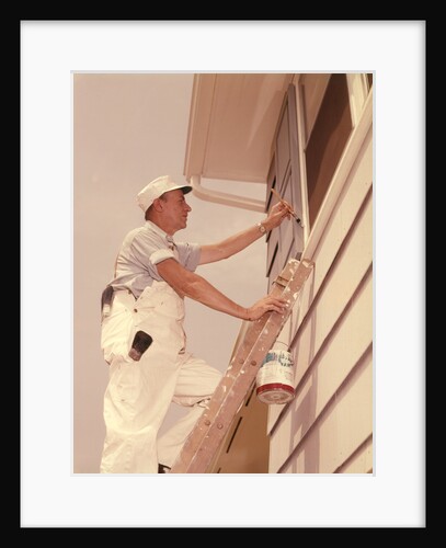 1950s 1960s Man House Painter Up Ladder Painting Window Shutter by Anonymous