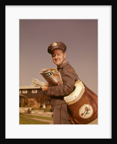 1960s Mailman Holding Mail Mailbag Letters Leather Mailbag In Suburban Neighborhood by Anonymous
