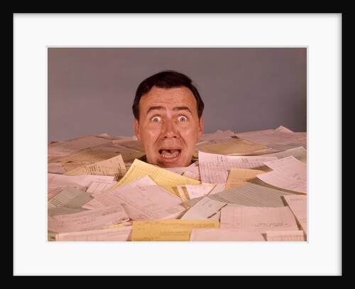 1960s Overwhelmed Screaming Bug-Eyed Man Drowning In Paper Work by Anonymous