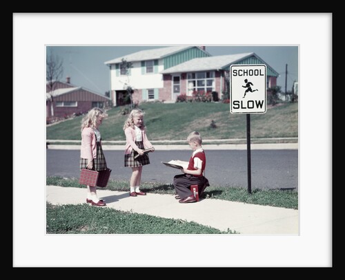 1950s Twin Girls and Boy On Sidewalk By School by Anonymous
