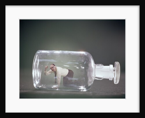 1960s Angry Man On Hands and Knees Trapped Inside Glass Bottle by Anonymous