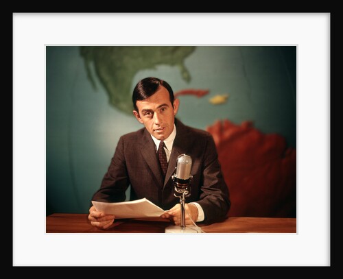 1960s Reporter Reading News Into Microphone With Global Map In Background by Anonymous