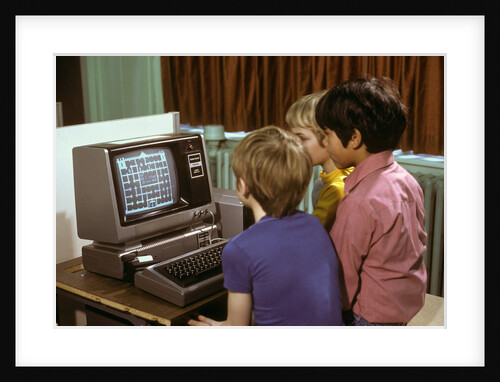 1980s 3 Elementary School Boys Operating Early Radio Shack Trs80 Computer Playing Game by Anonymous