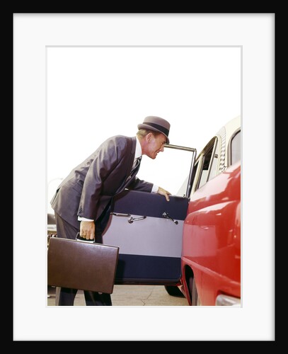 1960s Business Sales Man With Briefcase Getting Into Open Door Red White Checker Taxi Cab by Anonymous