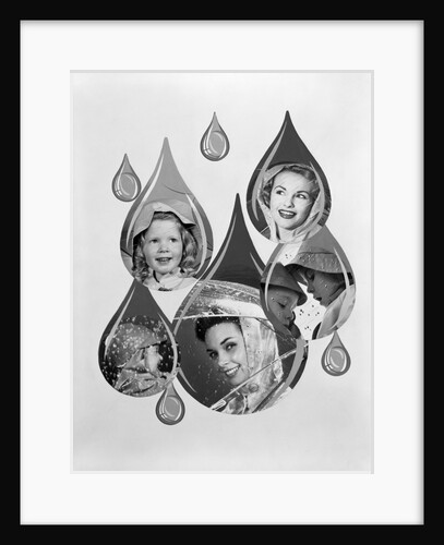 1950s 1960s Rain Motif Montage With Faces In Rain Gear Superimposed Inside Raindrops by Anonymous