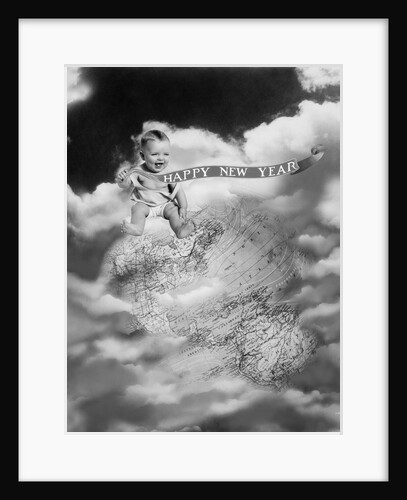 1930s Montage Baby Sitting On Top Of The World Earth Globe In Clouds Holding Happy New Year Banner by Anonymous