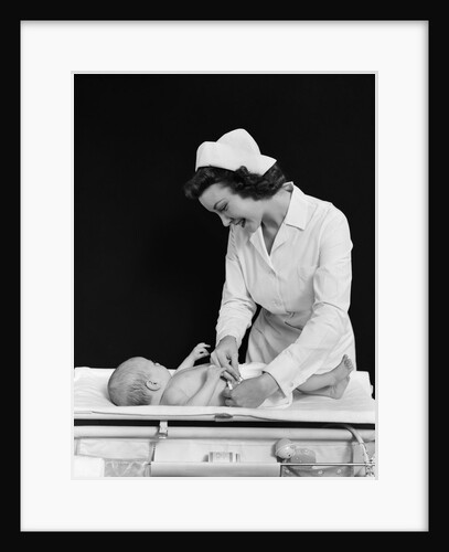 1940s Woman Nurse Changing Baby Diaper In Nursery by Anonymous