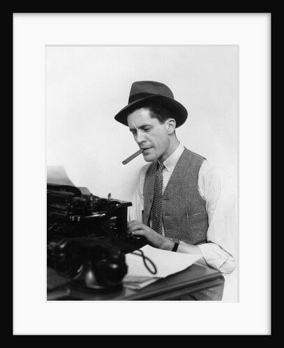 1930s Man Newspaper Reporter Wearing Hat Typing Smoking Cigar by Anonymous