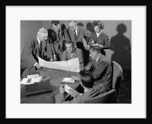 1950s 1960s Conference Room With Men Looking Over Papers While Secretary Takes Notes by Anonymous