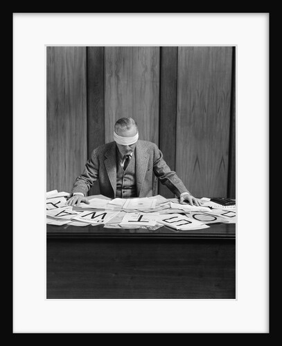1940s Blindfolded Man In Office Post War Sign On Desk by Anonymous