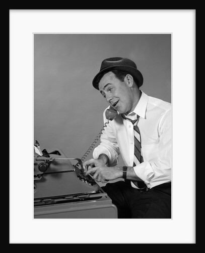 1960s Reporter With Hat On Phone At Typewriter by Anonymous