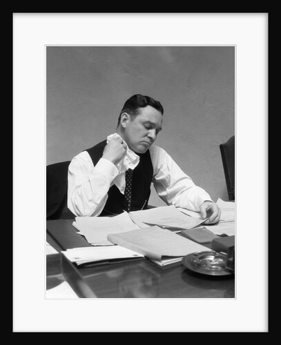 1930s Man At Desk In Office Wiping Neck With Handkerchief by Anonymous