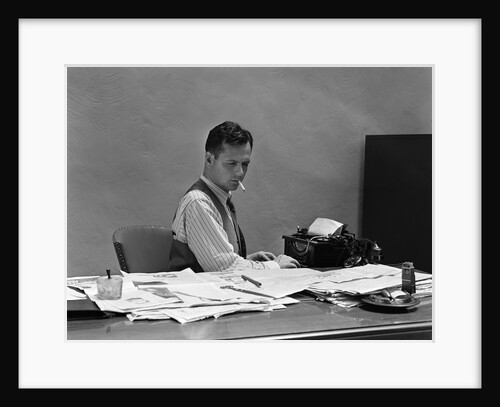 1930s 1940s Busy Man In Shirt Sleeves Behind Office Desk Working At Typewriter Smoking Cigarette by Anonymous