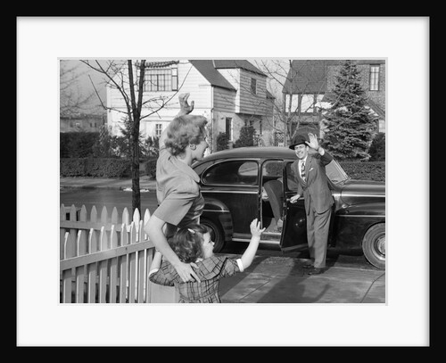 1950s Mother And Daughter Waving To Father Opening Automobile Door In Front Of Suburban Home by Anonymous