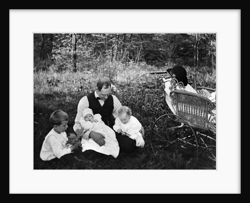 1890s 1900s Father Sitting In Woods With Three Children Baby Carriage Off To Side by Anonymous