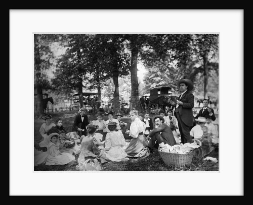 1890s 1900s Group Having Picnic In Woods With Horses and Wagons In Background by Anonymous