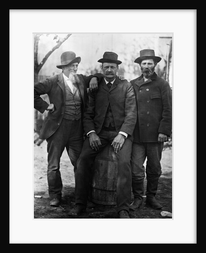 1890s 1900 Three Men With Beard Or Mustache Wearing Hats One Sitting On Barrel by Anonymous