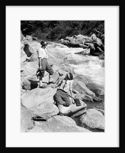 1920s Two Women Sisters On Rocks By Creek Talking Holding Folding Camera by Anonymous