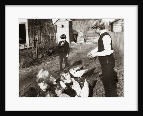 1890s 1900 Two Boys Brothers In Backyard Doing Farm Chores Feeding Chickens by Anonymous
