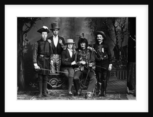 1890s 1900 Portrait Five Men Actors In Various Costumes Against Painted Studio Backdrop by Anonymous