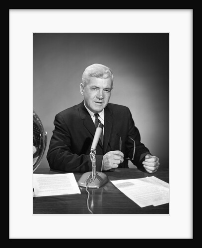 1960s Man Announcer Newscaster Talking At Microphone Indoor Studio Symbolic Freedom Of Speech by Anonymous