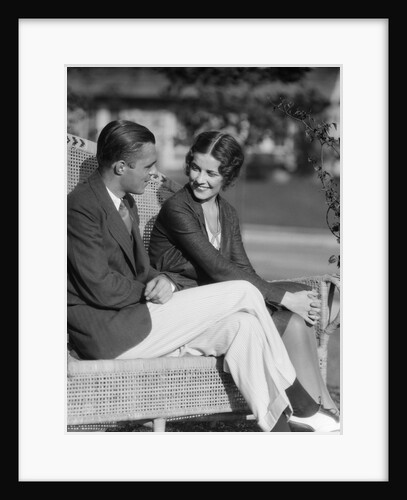1930s Couple Sitting Together On Wicker Bench Husband Wife Outdoor by Anonymous