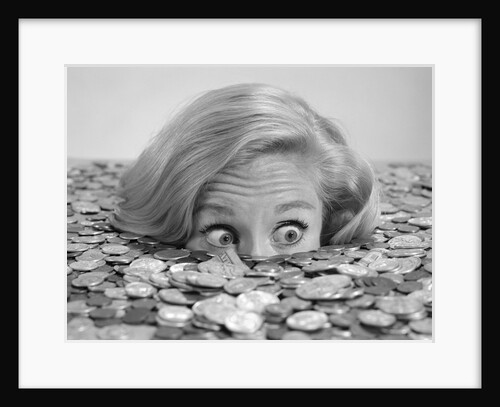 1960s Bug-Eyed Surprised Woman Buried In Coins Money Symbolic by Anonymous