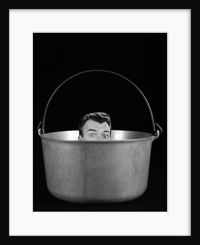 1950s 1960s Symbolic Montage Portrait Man In The Soup Looking Wide Eyed From Inside The Kettle by Anonymous