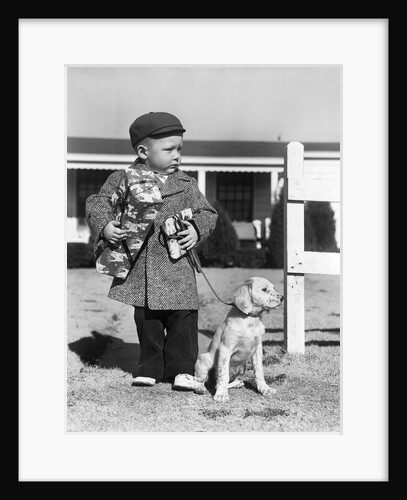 1940s Boy With Puppy On Leash Holding Christmas Present by Anonymous