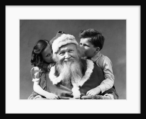 1930s Man Santa Claus Posing With Boy And Girl Whispering In His Ears by Anonymous
