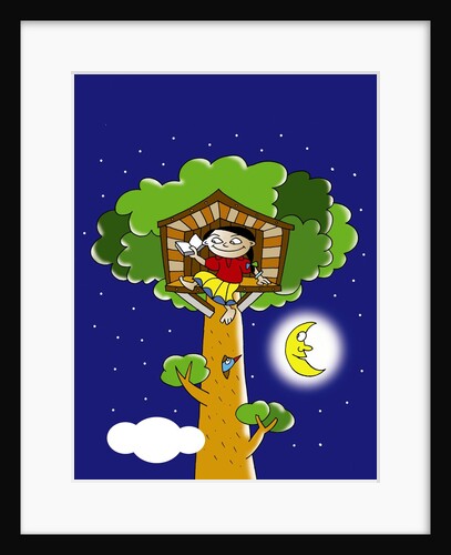 girl reading in a tree house at night by Anonymous