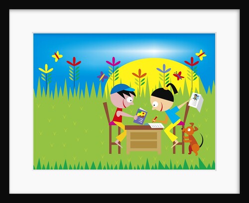 boy and girl writing cards on a desk in a field by Anonymous